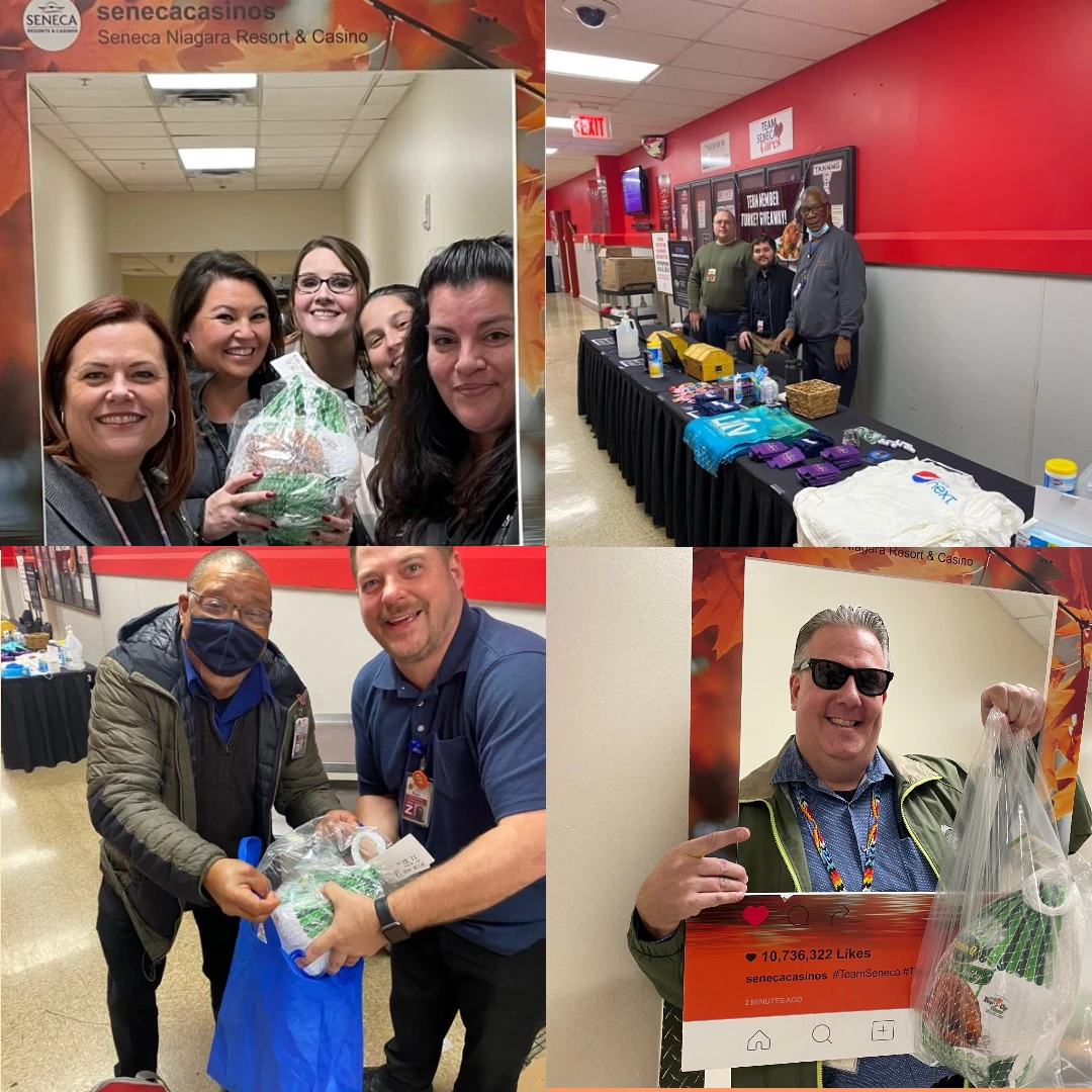 Team photo collage giving away turkeys.