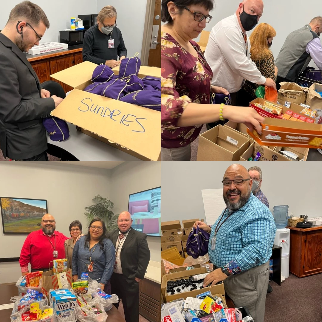 Team making gift baskets together photo collage.