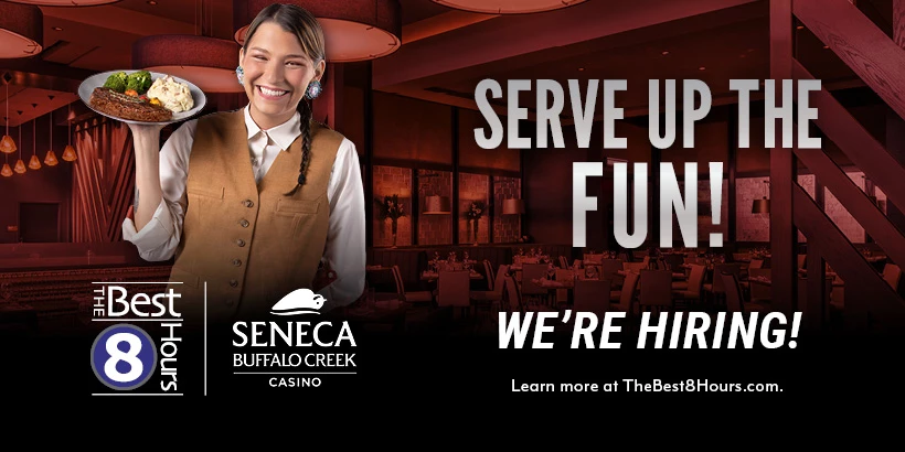 Promo ad with a female server holding a plate.